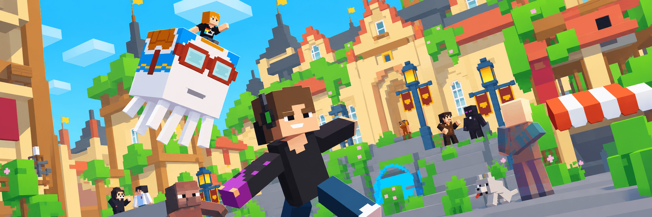 Galithin’s colourful town square filled with adventurers, pets, and a flying companion